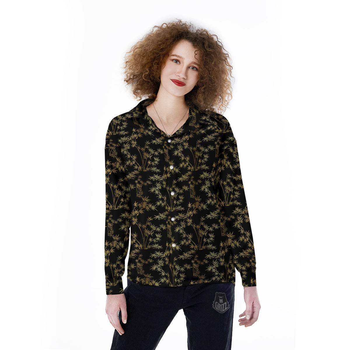 Japanese Bamboo Black And Gold Print Pattern Women's Long Sleeve Shirts-grizzshop