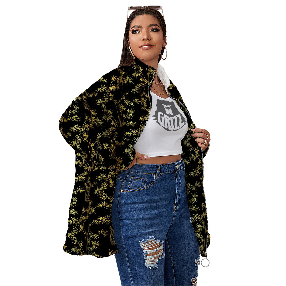 Japanese Bamboo Black And Gold Print Pattern Women's Sherpa Jacket-grizzshop