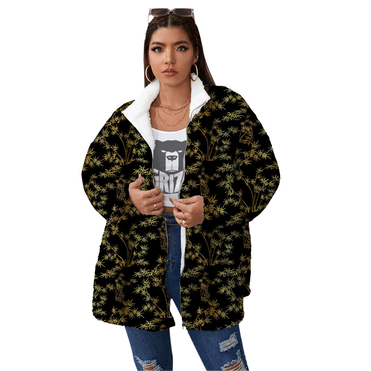 Japanese Bamboo Black And Gold Print Pattern Women's Sherpa Jacket-grizzshop