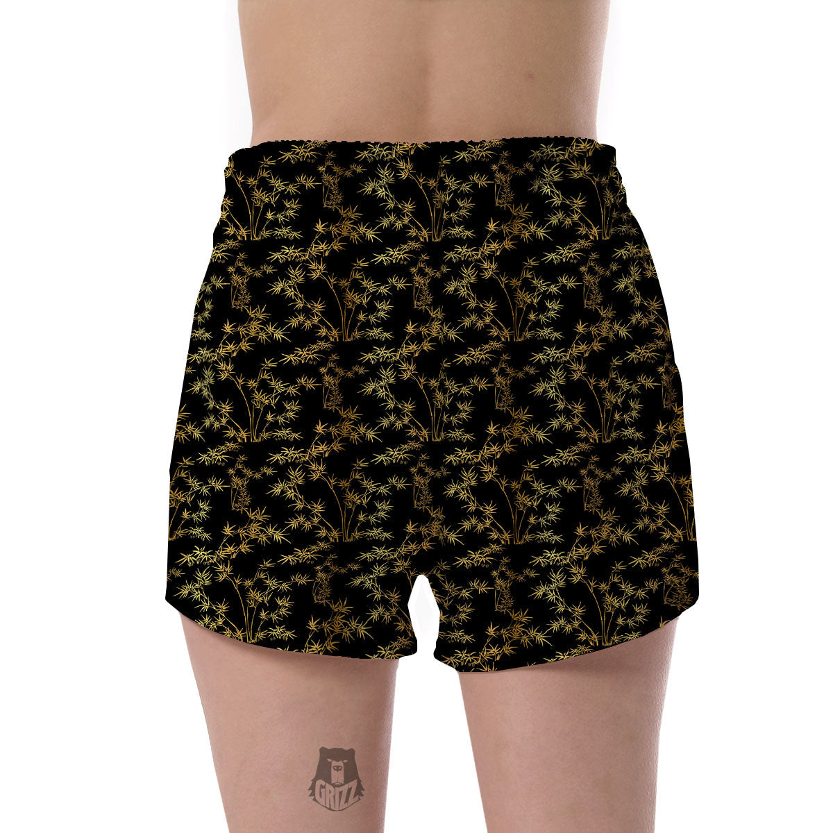 Japanese Bamboo Black And Gold Print Pattern Women's Shorts-grizzshop
