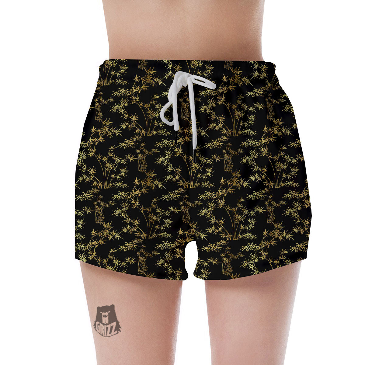 Japanese Bamboo Black And Gold Print Pattern Women's Shorts-grizzshop