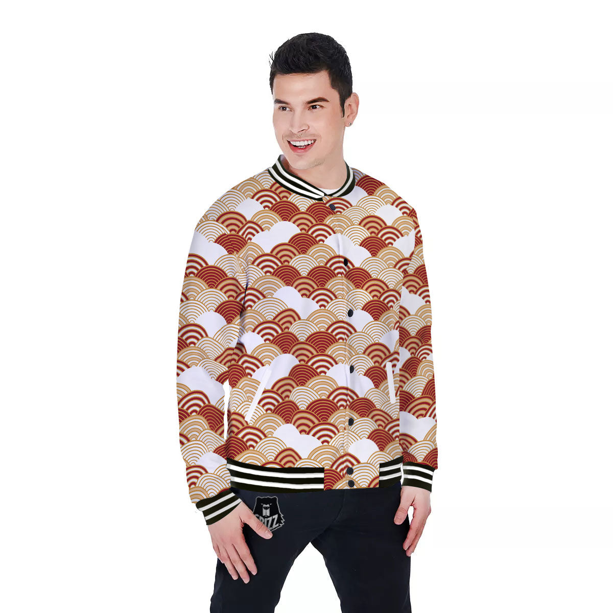 Japanese Beige And Red Print Pattern Baseball Jacket-grizzshop