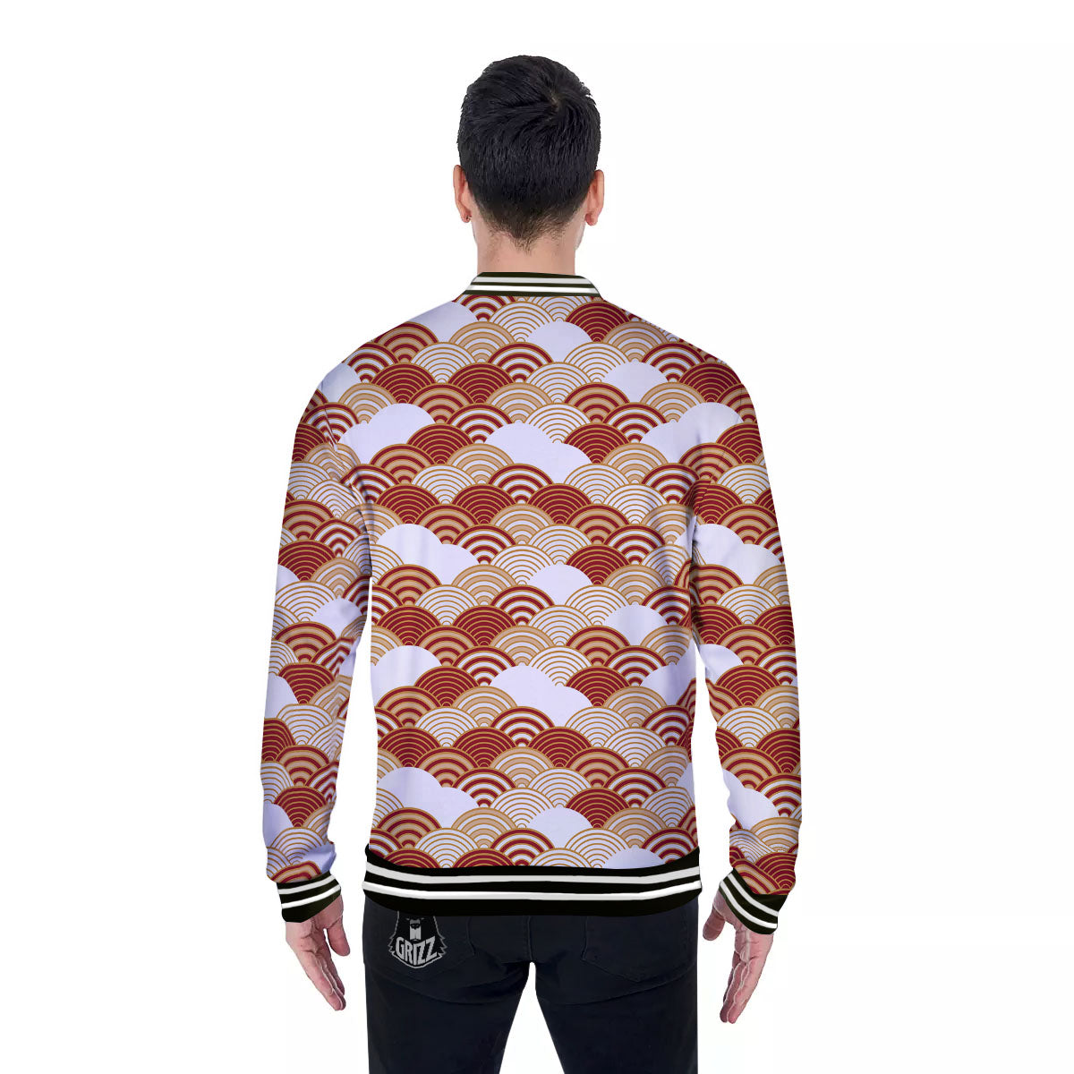 Japanese Beige And Red Print Pattern Baseball Jacket-grizzshop