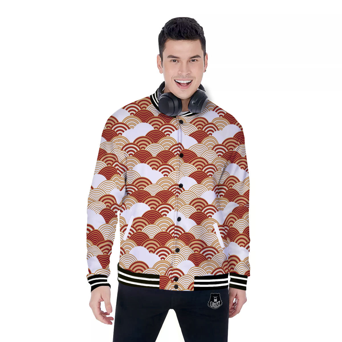 Japanese Beige And Red Print Pattern Baseball Jacket-grizzshop