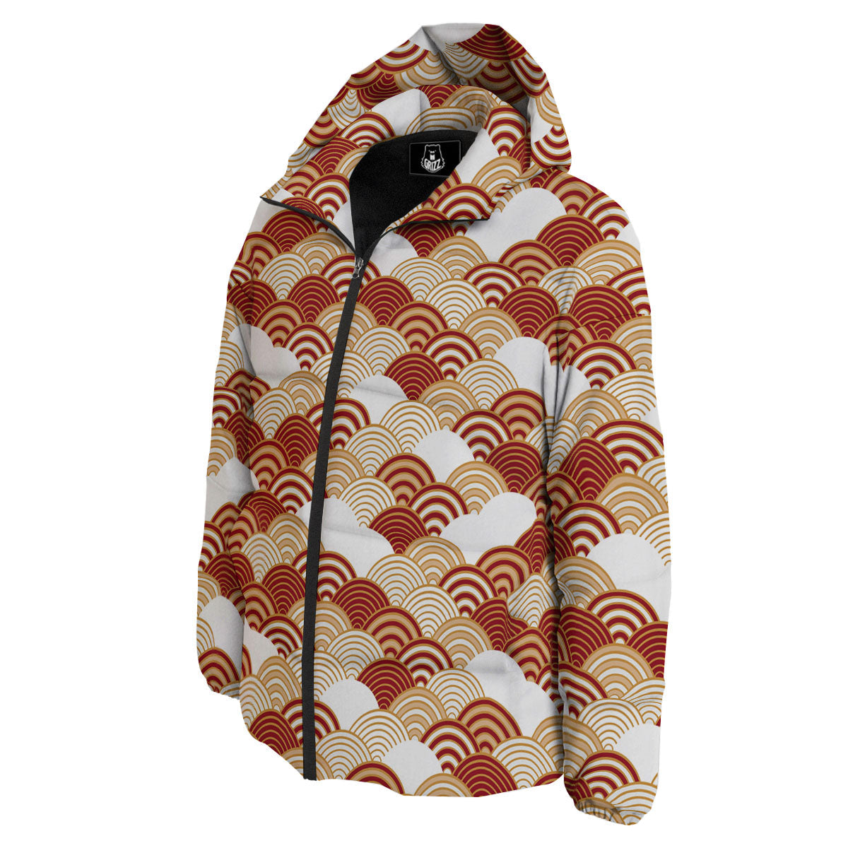 Japanese Beige And Red Print Pattern Down Jacket-grizzshop