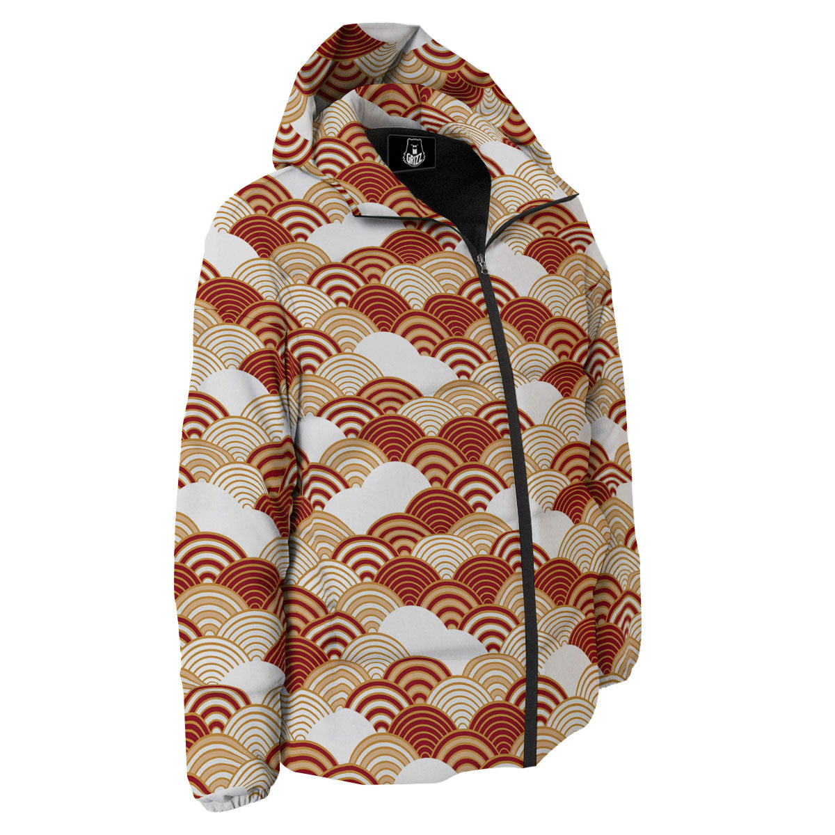 Japanese Beige And Red Print Pattern Down Jacket-grizzshop