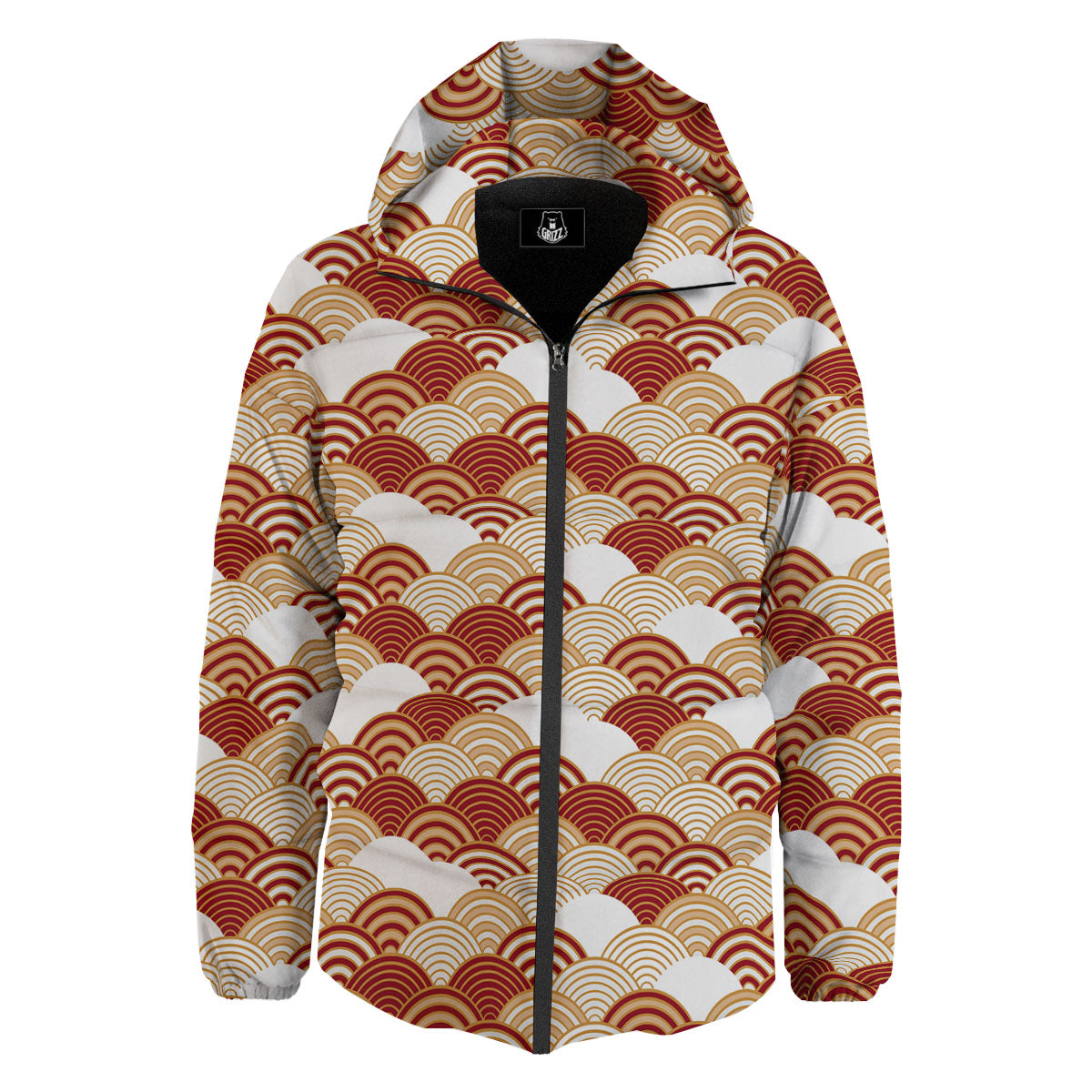 Japanese Beige And Red Print Pattern Down Jacket-grizzshop