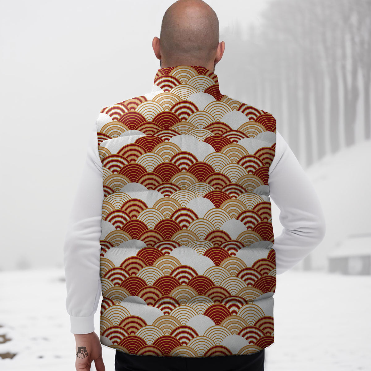 Japanese Beige And Red Print Pattern Down Vest