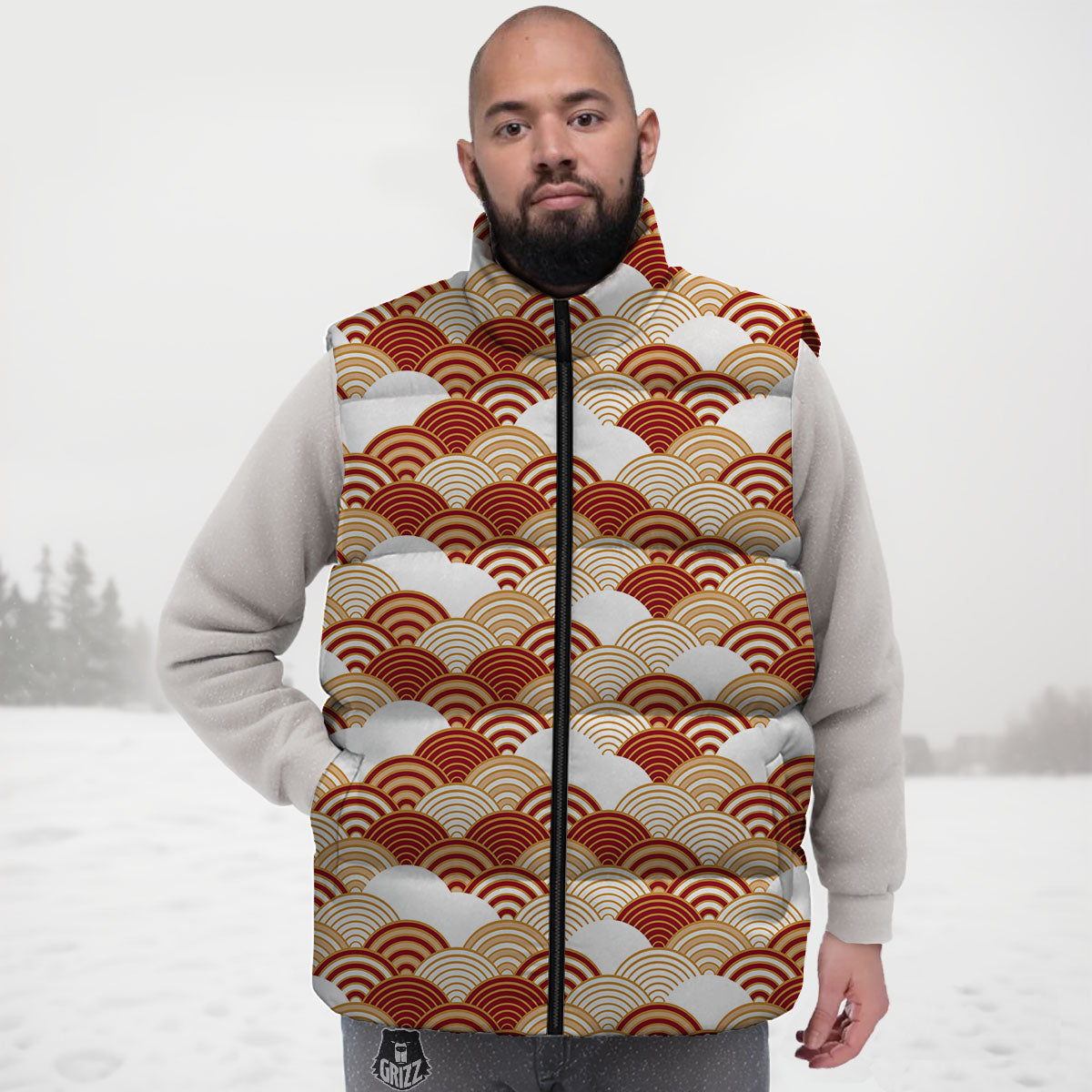Japanese Beige And Red Print Pattern Down Vest