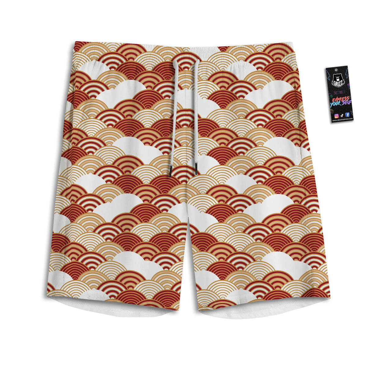 Japanese Beige And Red Print Pattern Men's Athletic Shorts