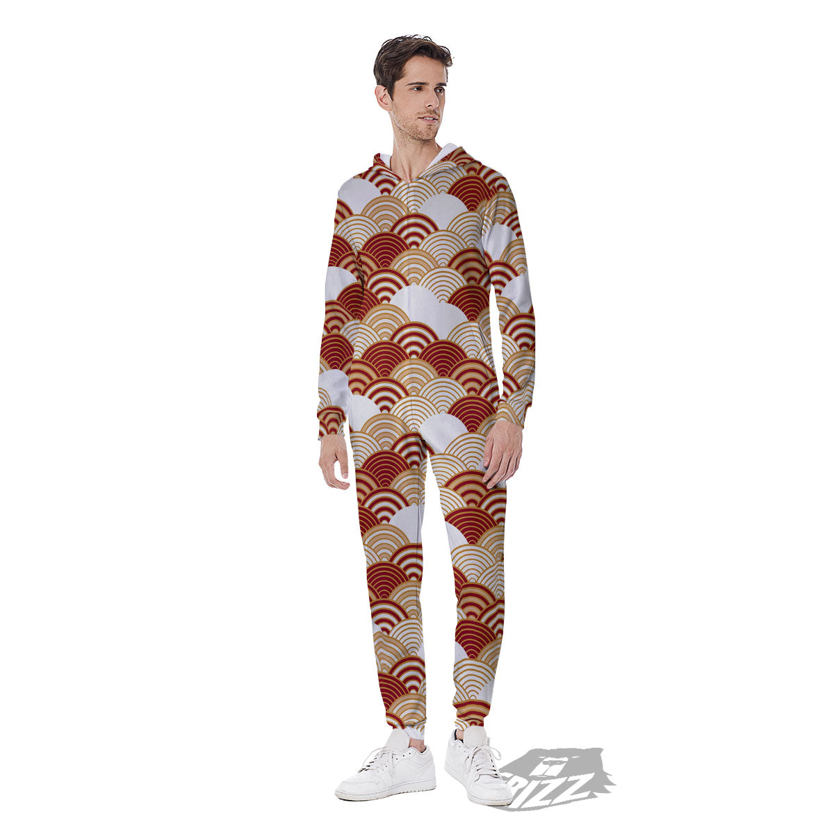 Japanese Beige And Red Print Pattern Men's Jumpsuit-grizzshop
