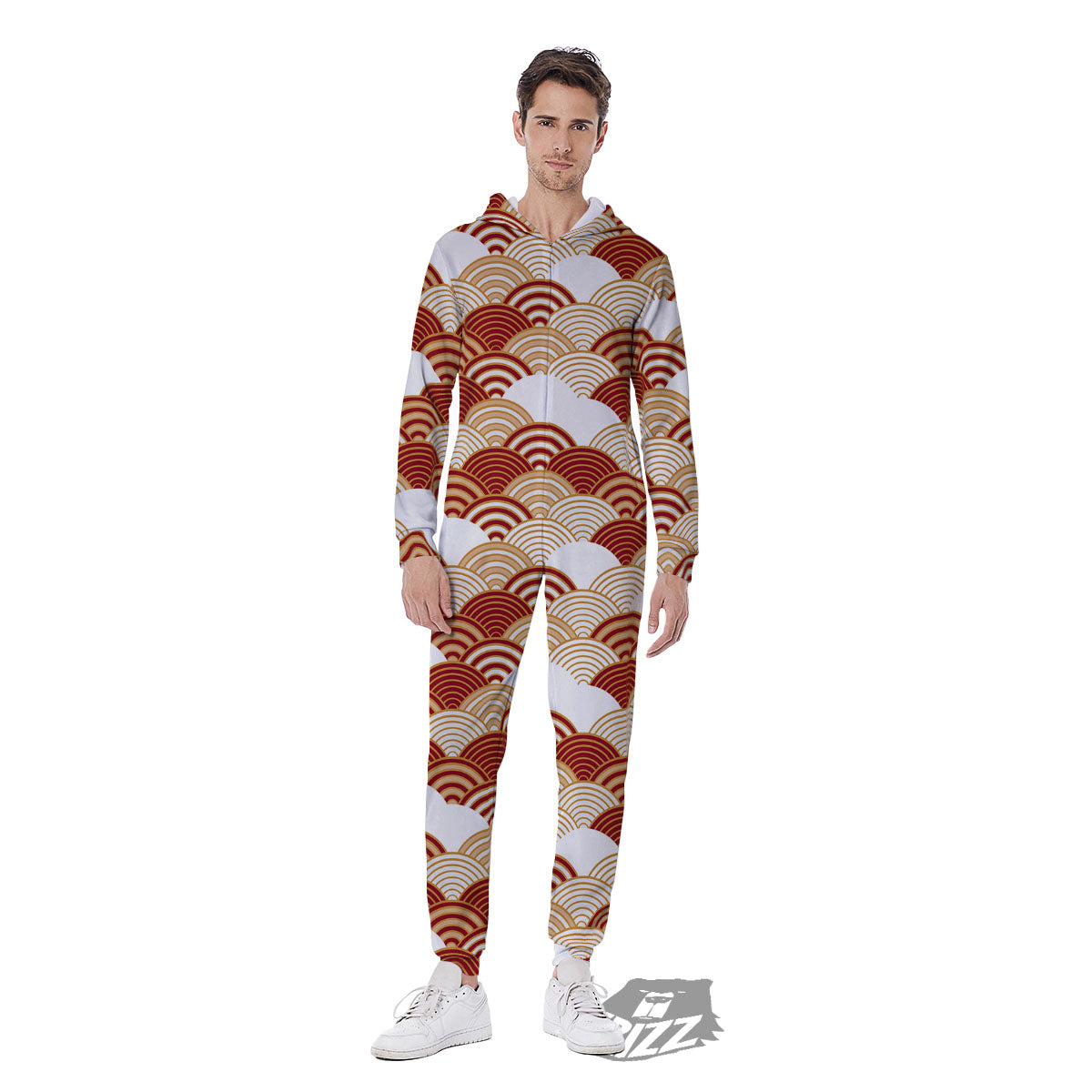 Japanese Beige And Red Print Pattern Men's Jumpsuit-grizzshop