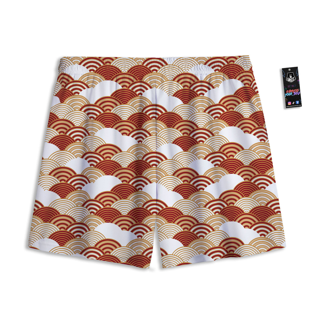 Japanese Beige And Red Print Pattern Mesh Shorts