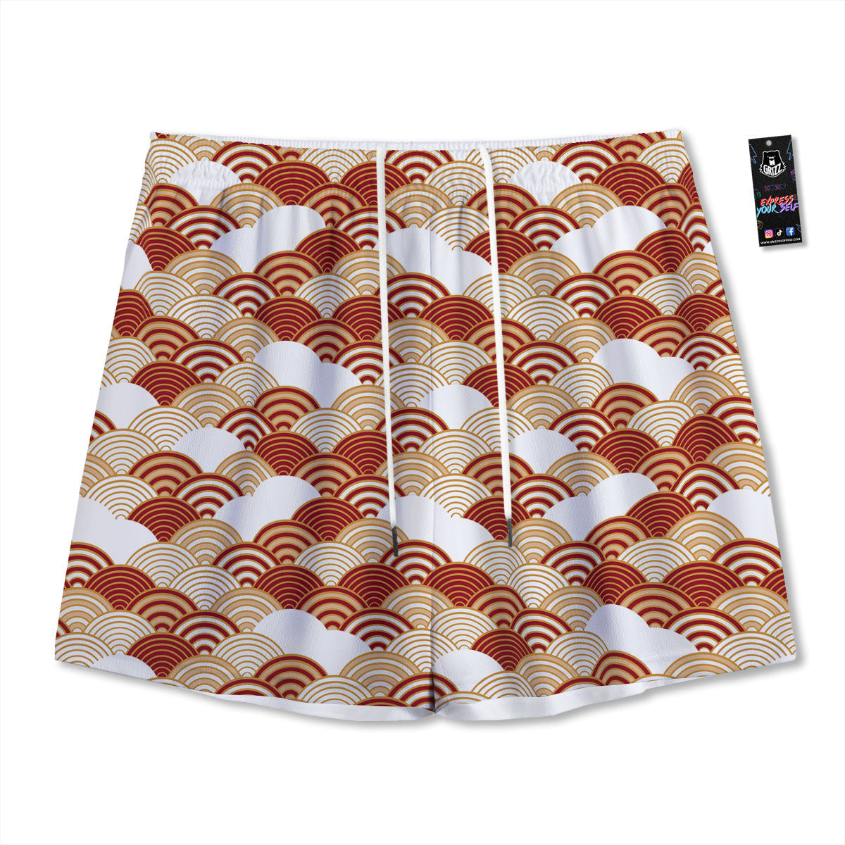 Japanese Beige And Red Print Pattern Mesh Shorts