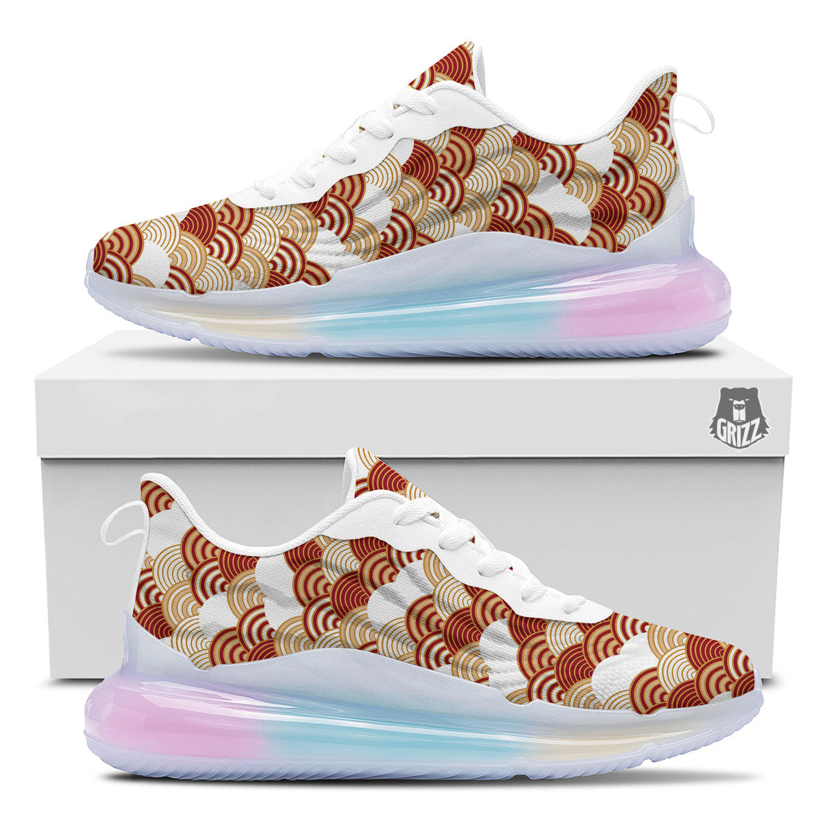 Japanese Beige And Red Print Pattern Running Sneakers-grizzshop