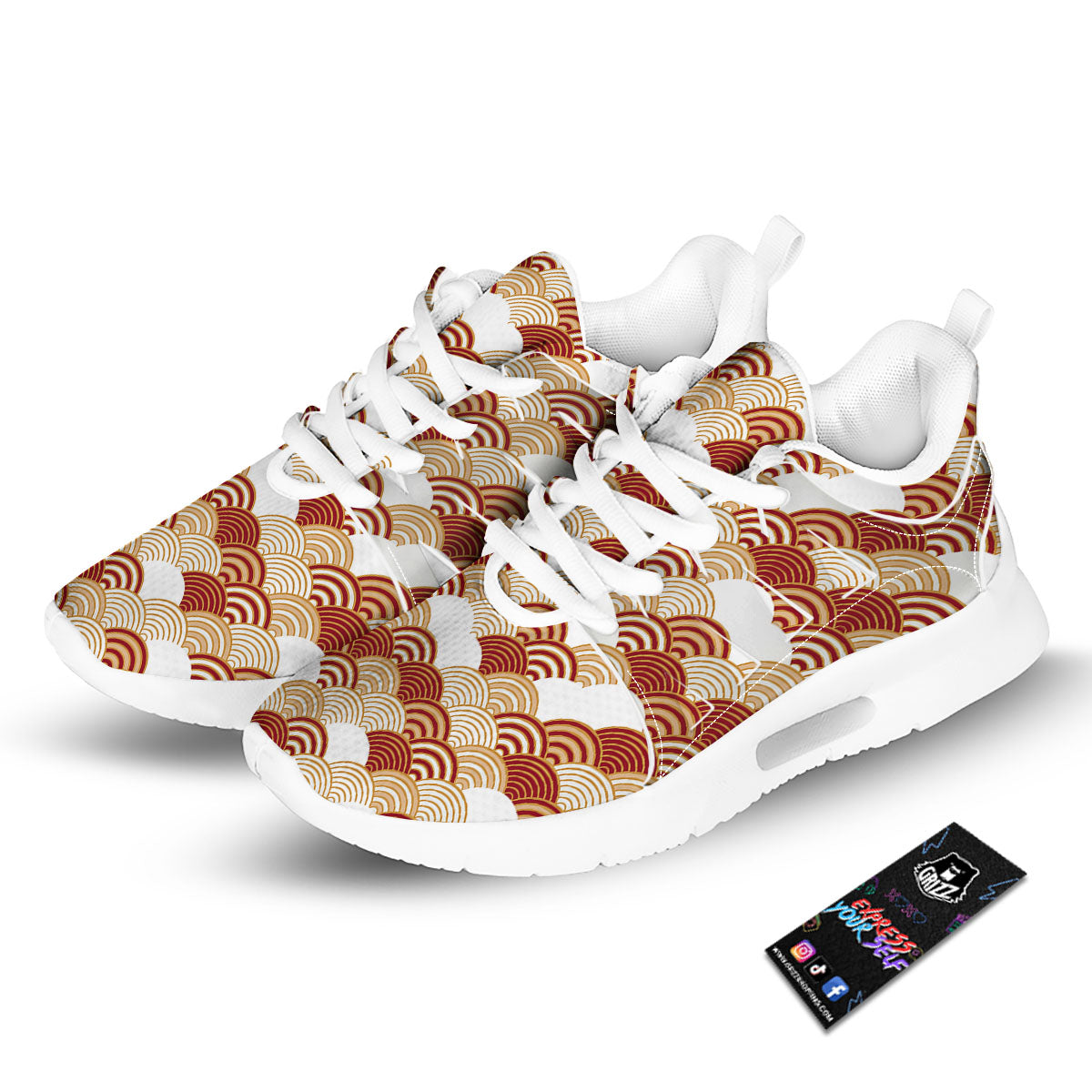 Japanese Beige And Red Print Pattern Tennis Shoes-grizzshop