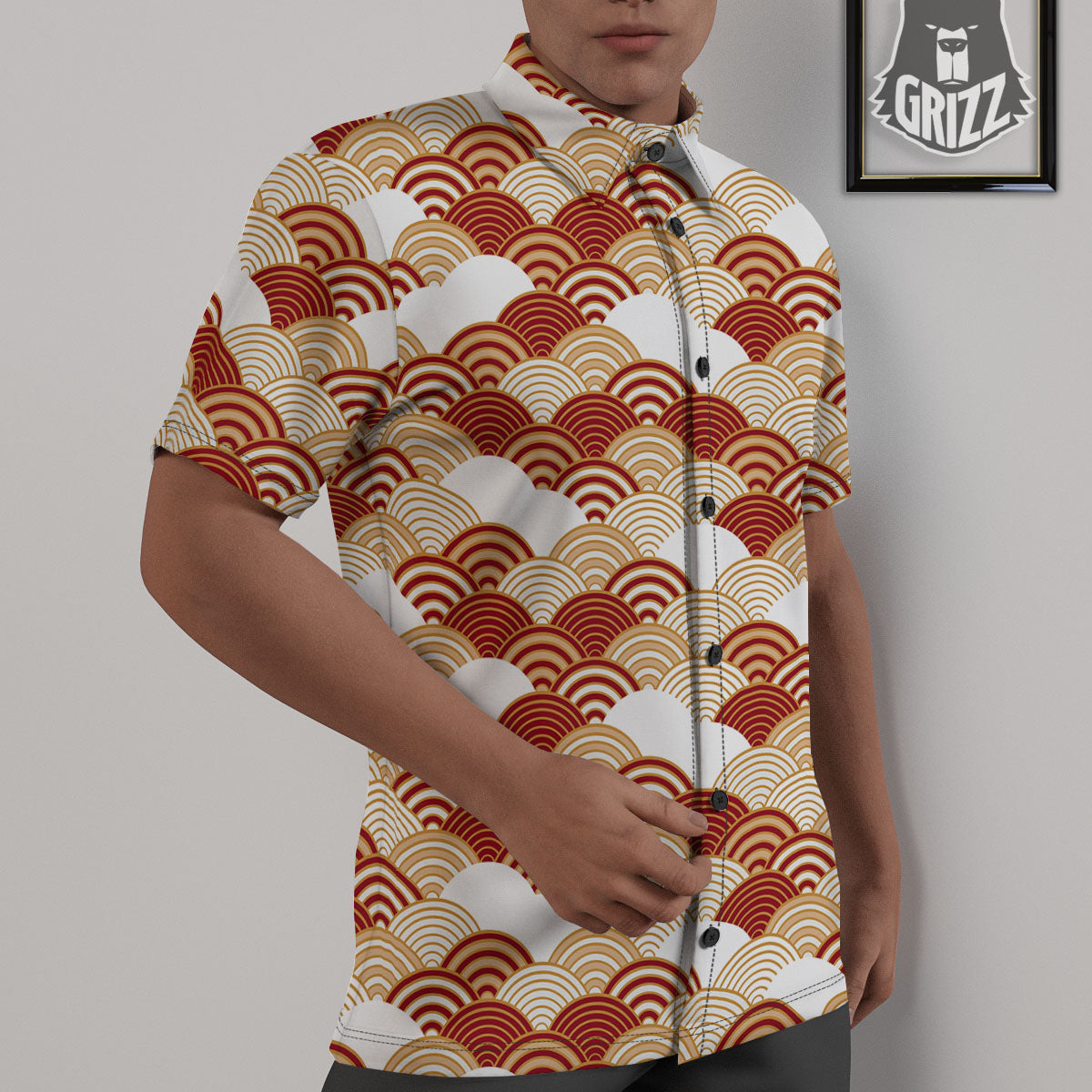 Japanese Beige And Red Print Pattern Untucked Shirts-grizzshop