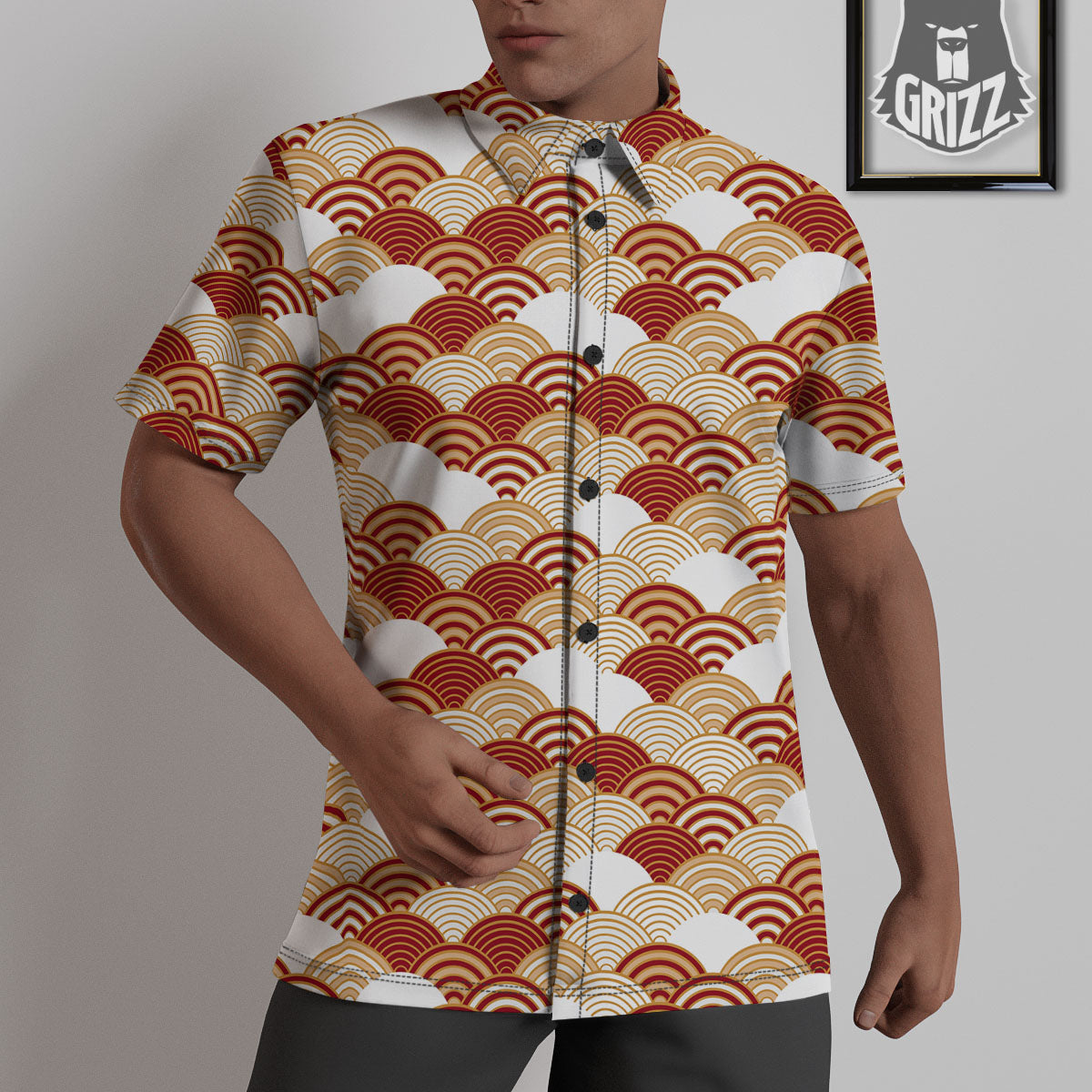 Japanese Beige And Red Print Pattern Untucked Shirts-grizzshop