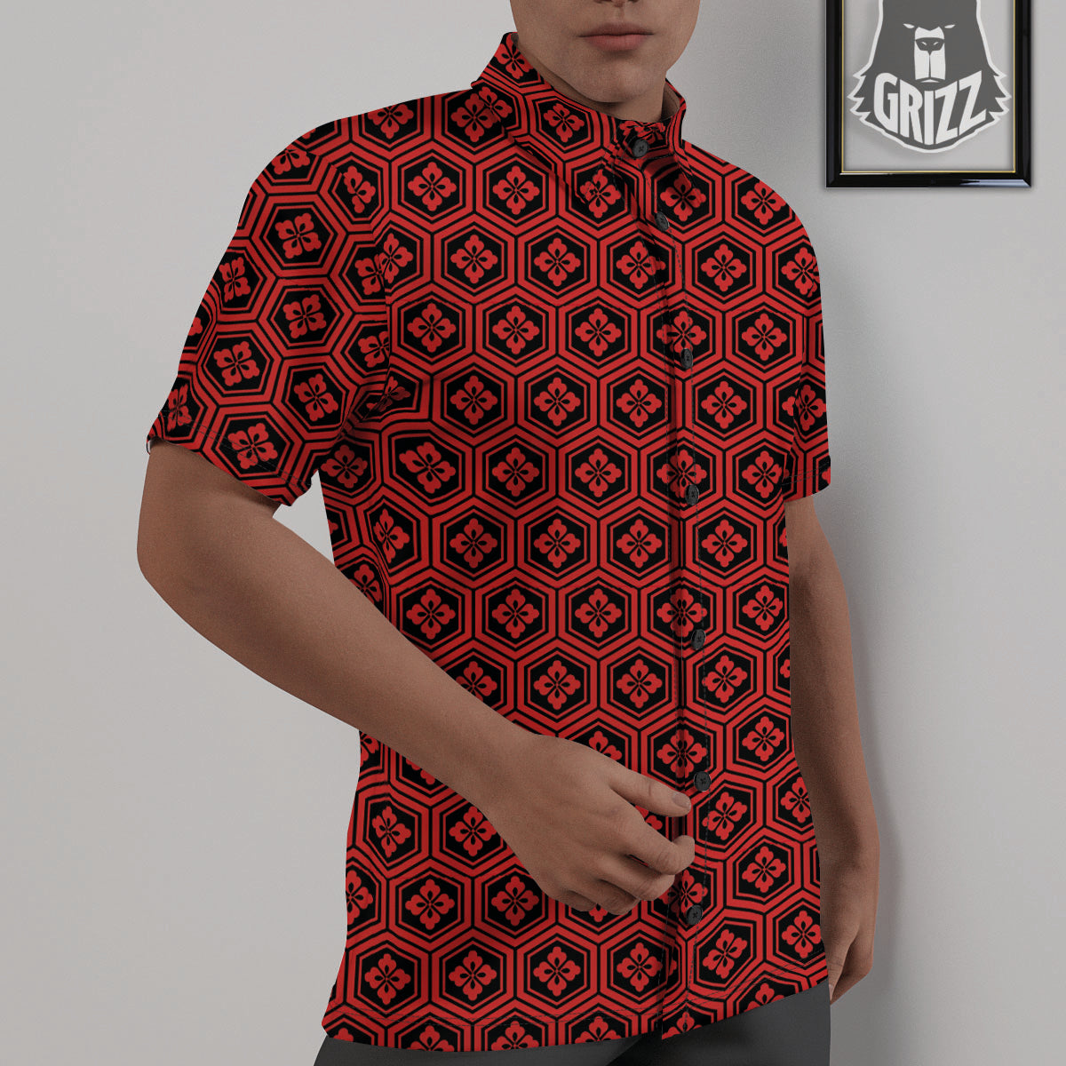 Japanese Black And Red Print Pattern Untucked Shirts-grizzshop
