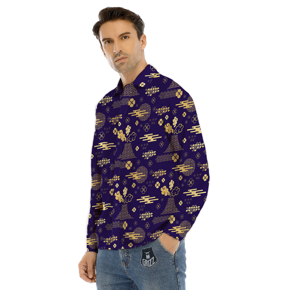 Japanese Classic Print Pattern Men's Dress Shirts-grizzshop