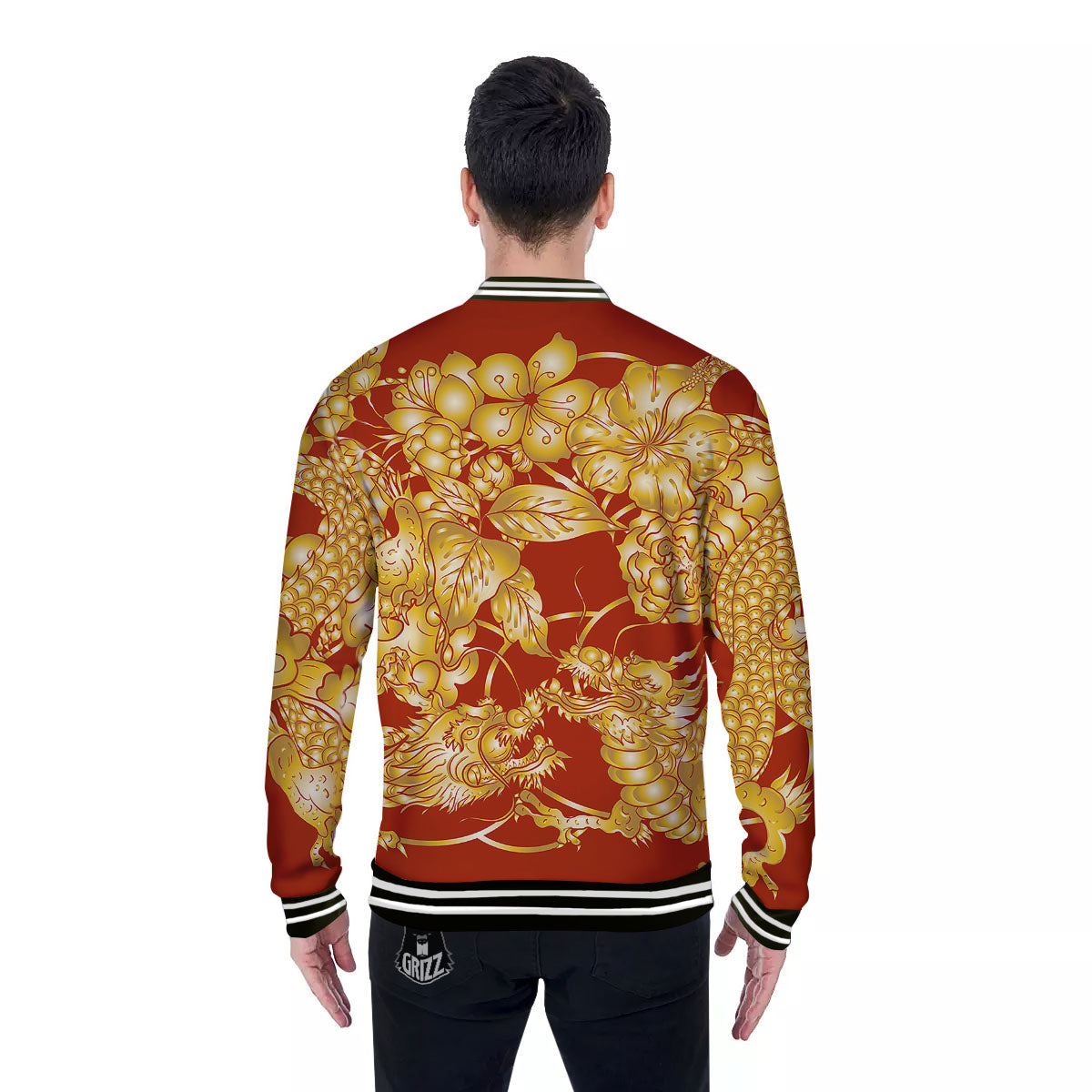 Japanese Dragon Orange Print Baseball Jacket-grizzshop