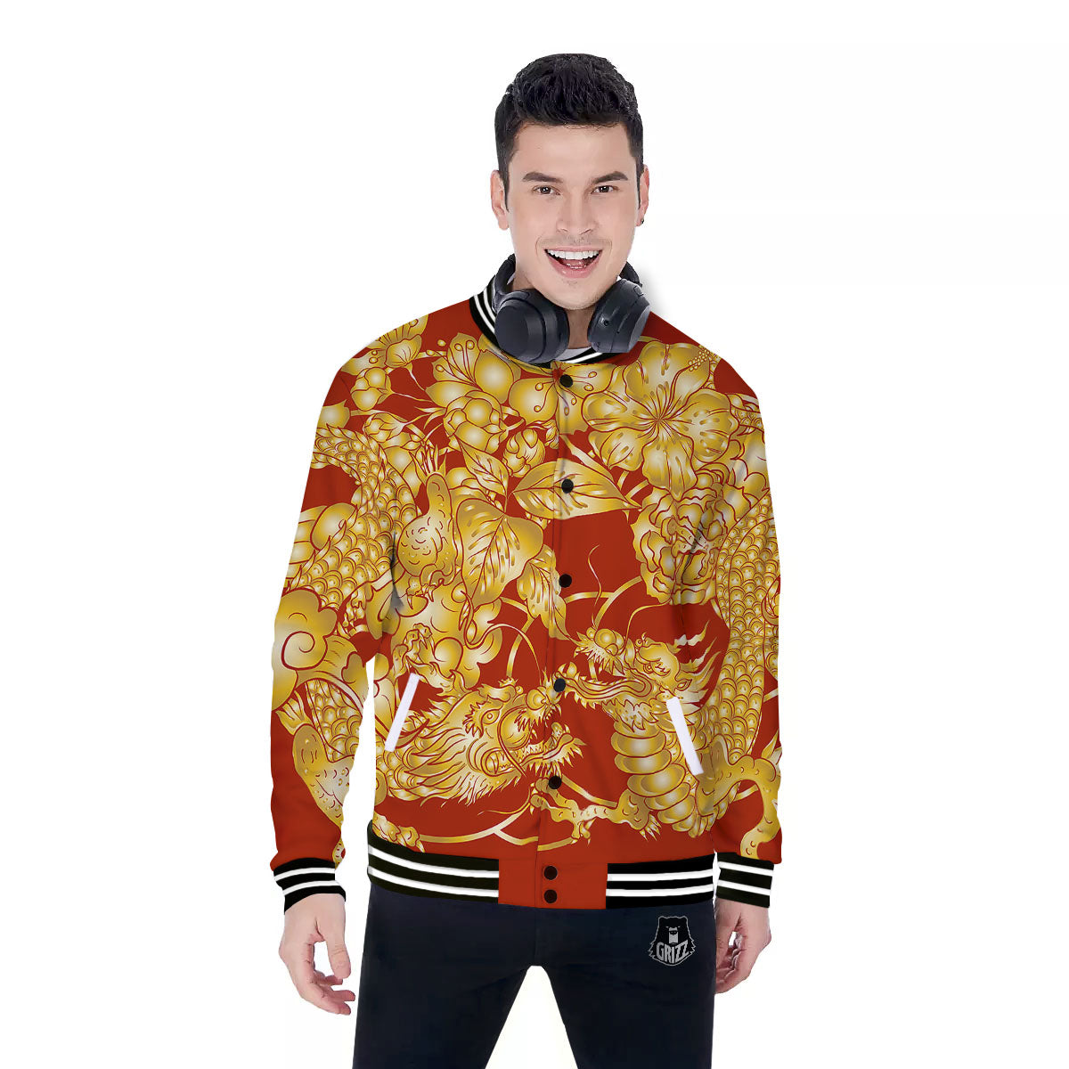 Japanese Dragon Orange Print Baseball Jacket-grizzshop