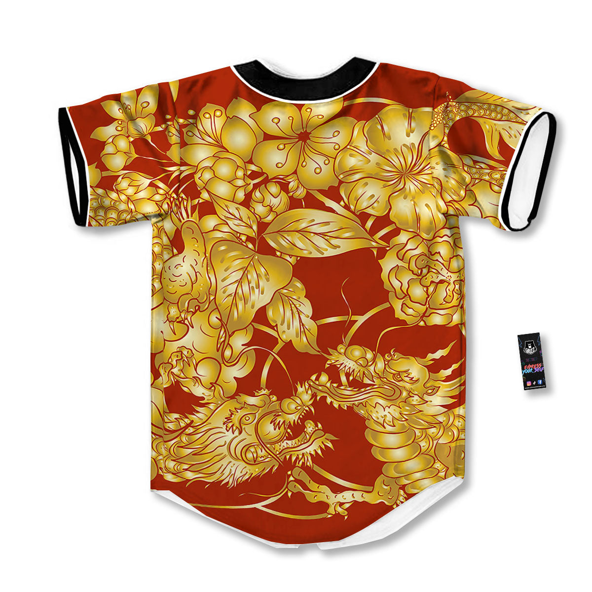 Japanese Dragon Orange Print Baseball Jersey-grizzshop