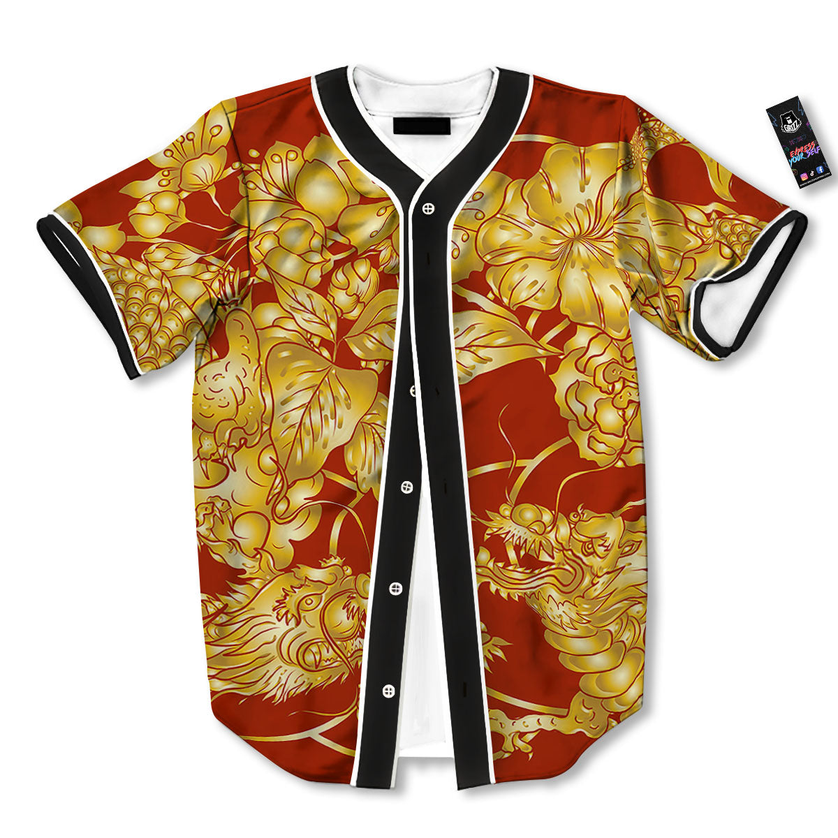 Japanese Dragon Orange Print Baseball Jersey-grizzshop