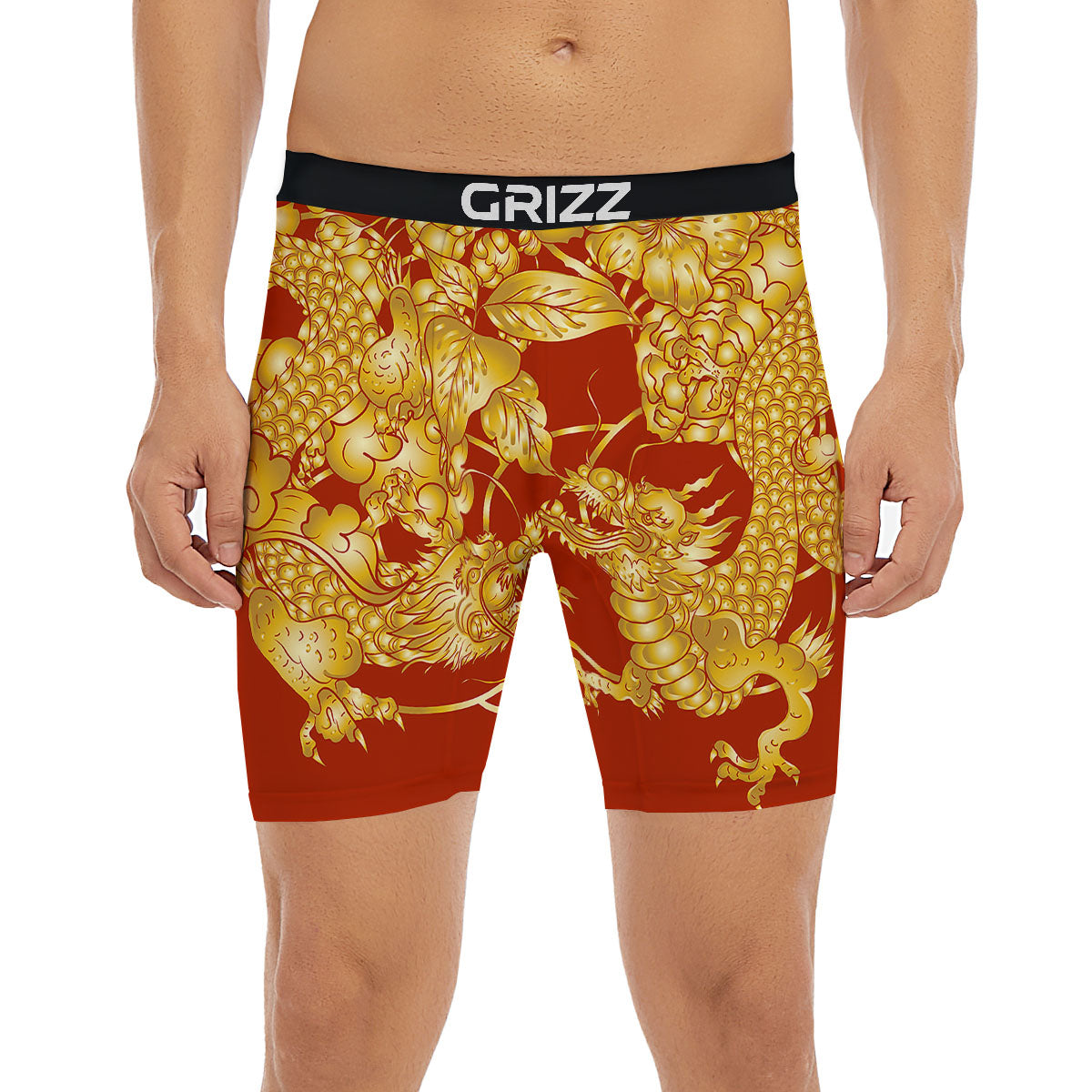 Japanese Dragon Orange Print Boxer Briefs-grizzshop