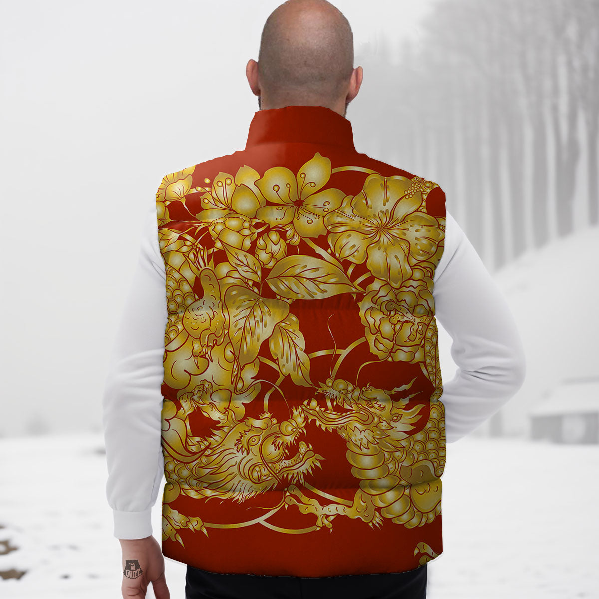 Japanese Dragon Orange Print Down Vest