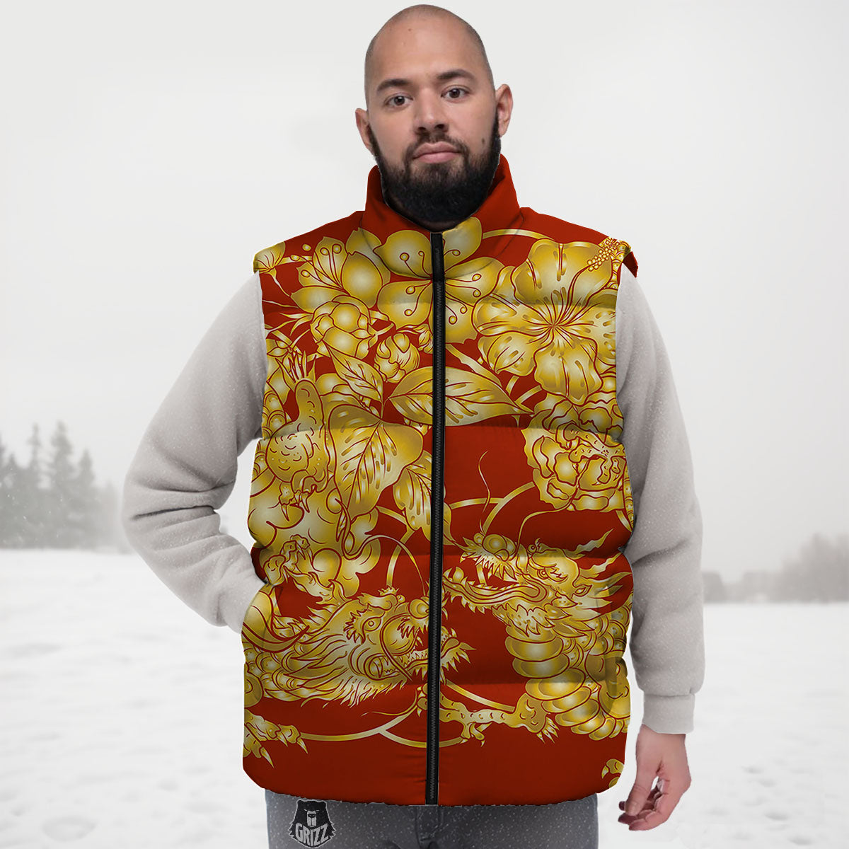 Japanese Dragon Orange Print Down Vest