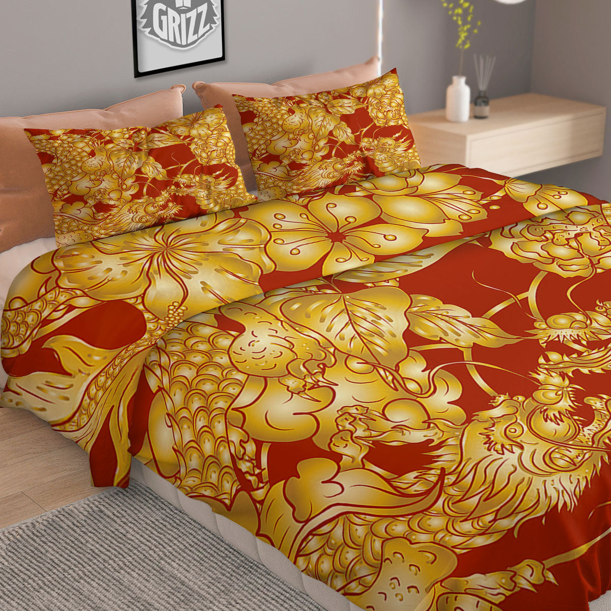 Japanese Dragon Orange Print Duvet Cover Bedding Set