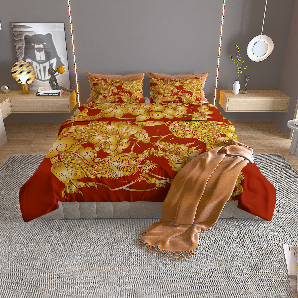 Japanese Dragon Orange Print Duvet Cover Bedding Set