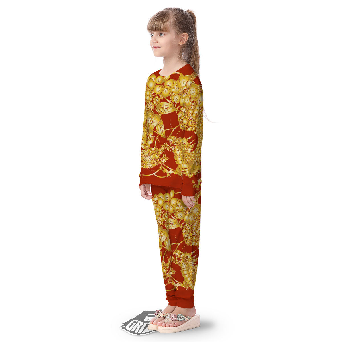 Japanese Dragon Orange Print Kid's Pajamas-grizzshop