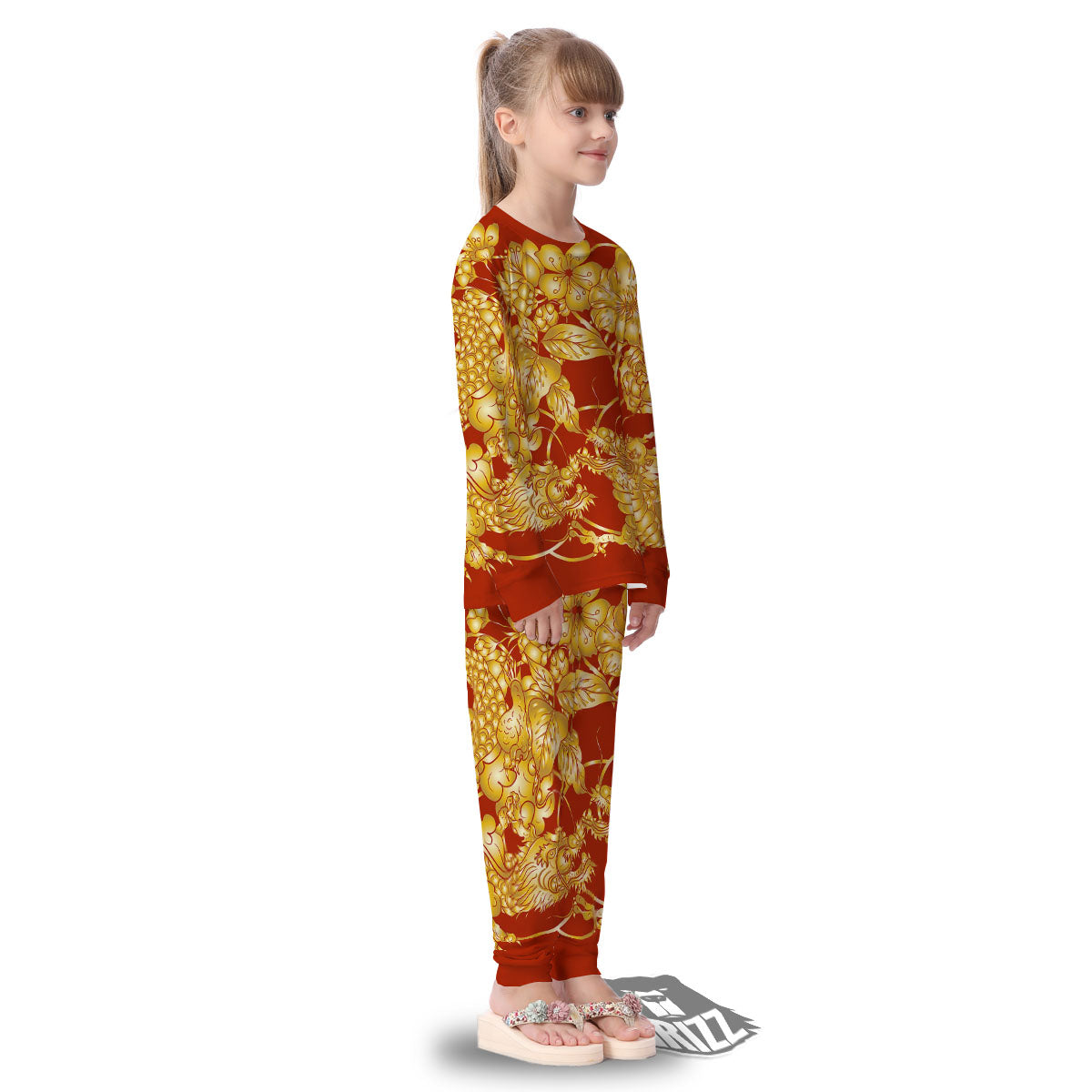 Japanese Dragon Orange Print Kid's Pajamas-grizzshop