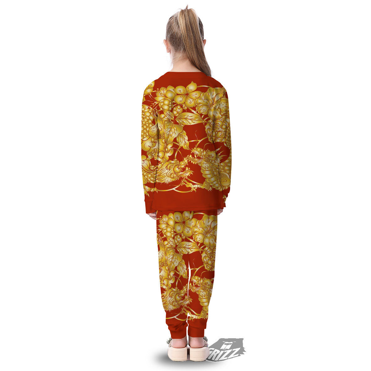 Japanese Dragon Orange Print Kid's Pajamas-grizzshop