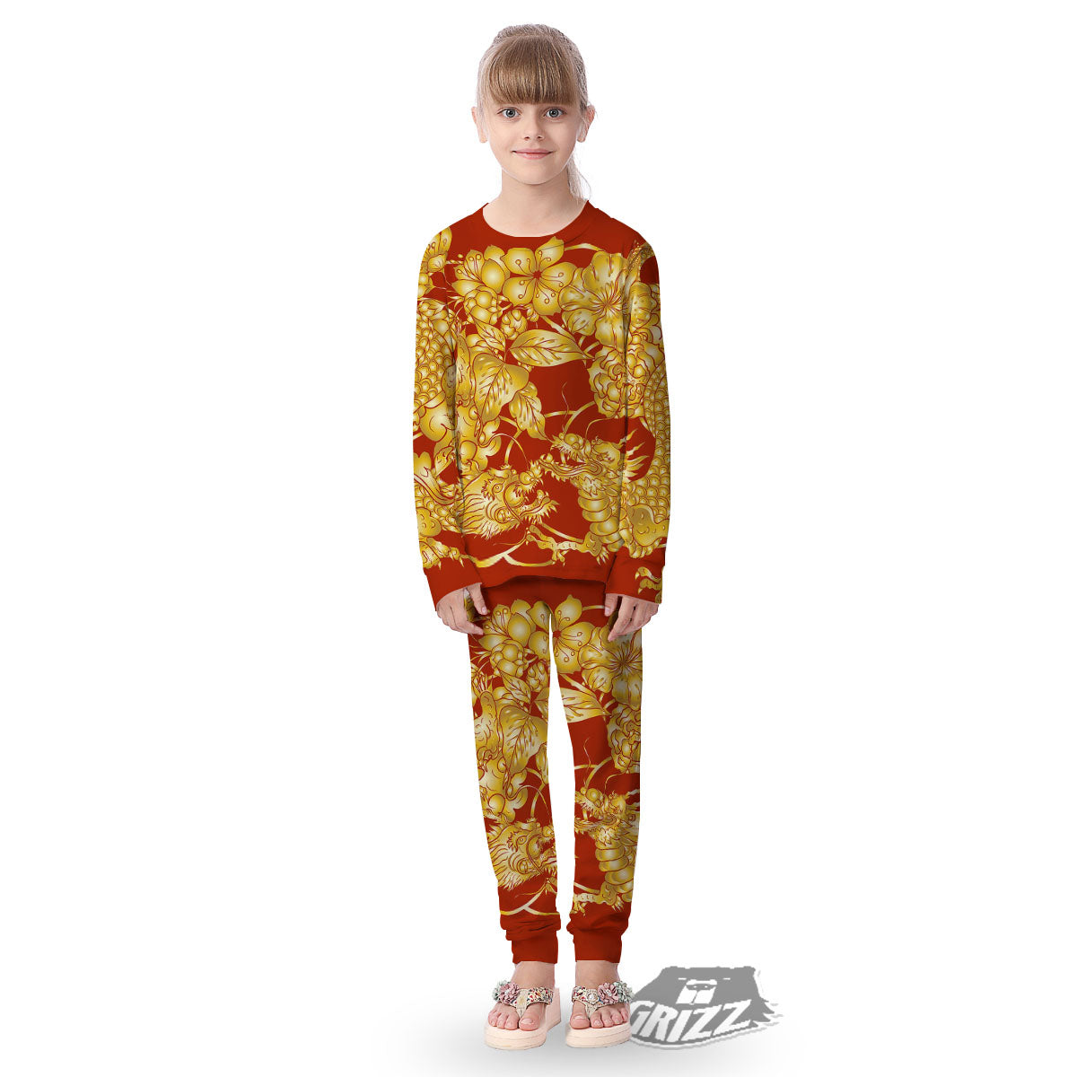 Japanese Dragon Orange Print Kid's Pajamas-grizzshop