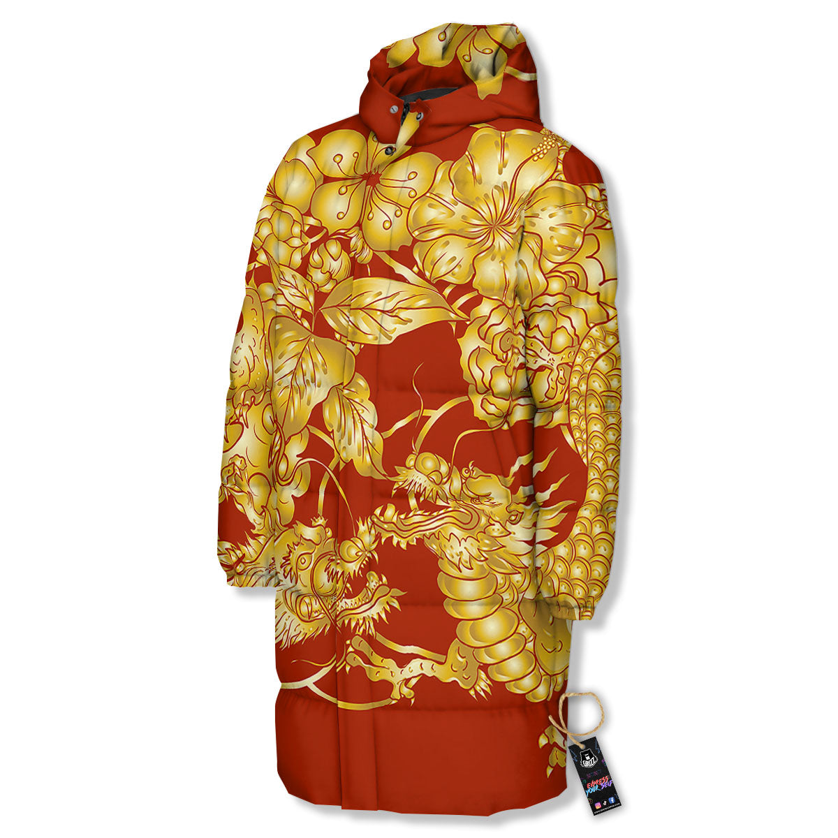 Japanese Dragon Orange Print Long Down Jacket-grizzshop