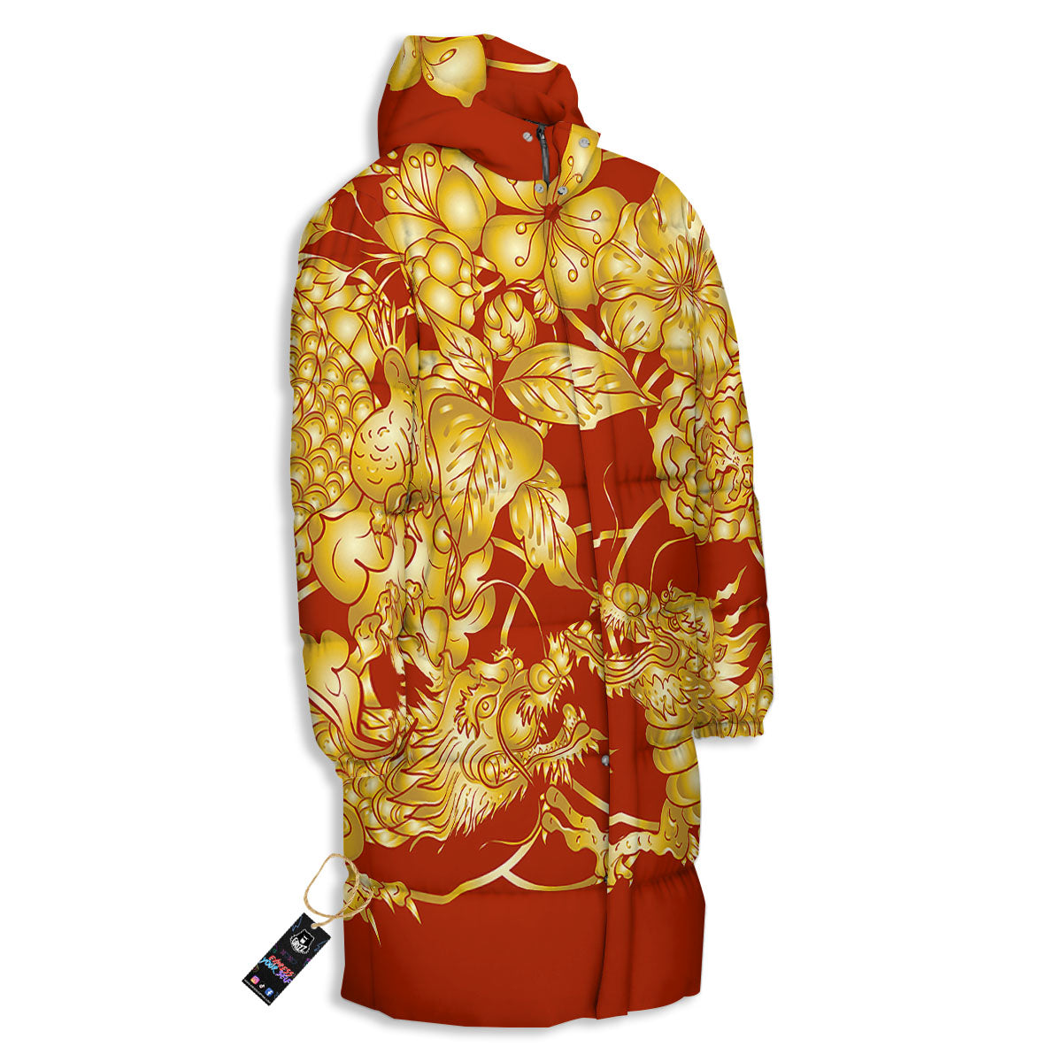 Japanese Dragon Orange Print Long Down Jacket-grizzshop