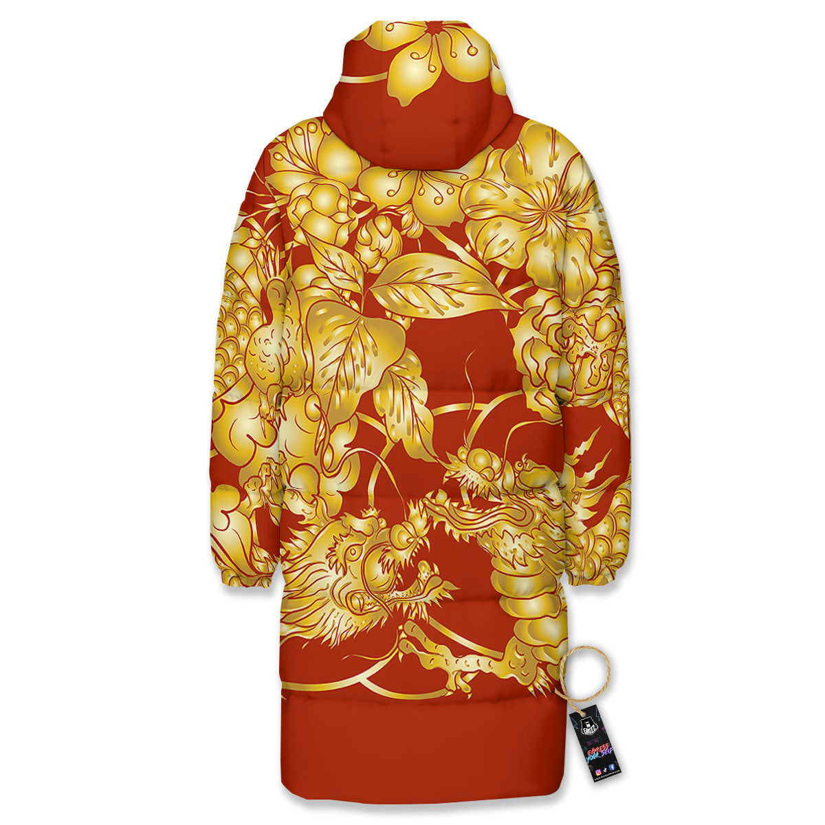Japanese Dragon Orange Print Long Down Jacket-grizzshop