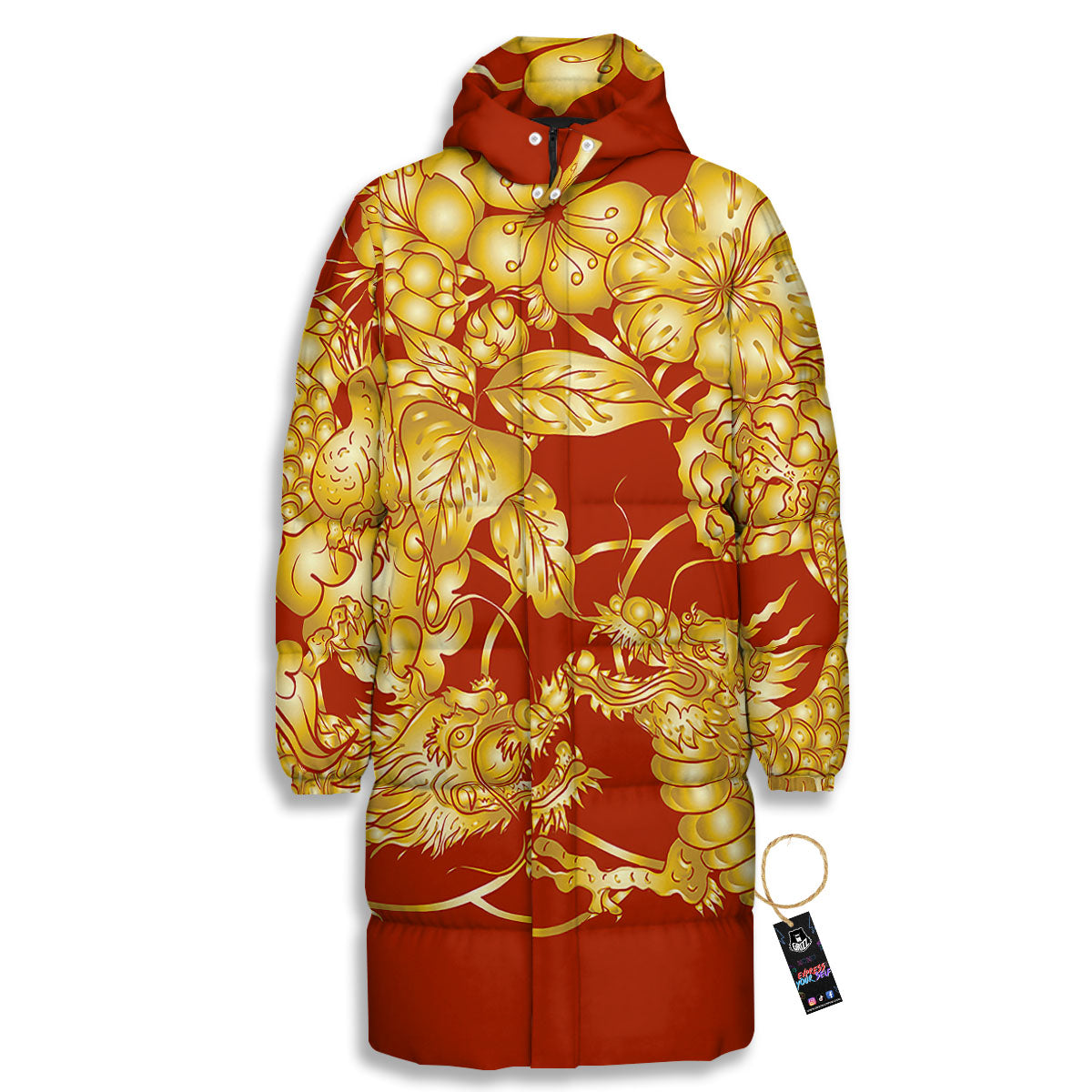 Japanese Dragon Orange Print Long Down Jacket-grizzshop