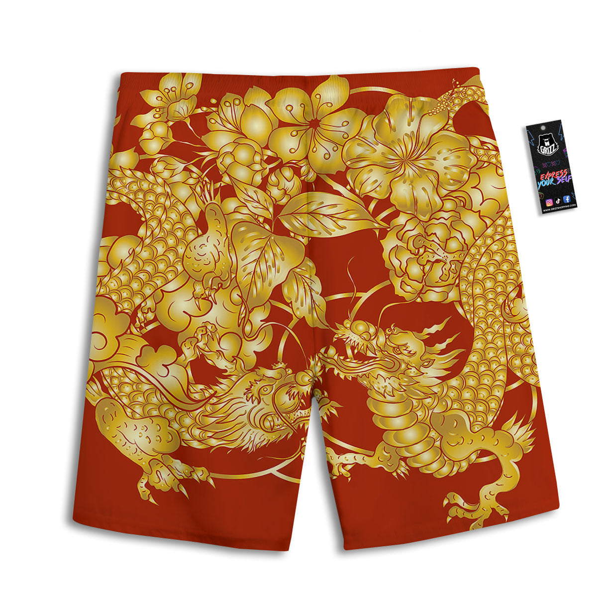 Japanese Dragon Orange Print Men's Athletic Shorts