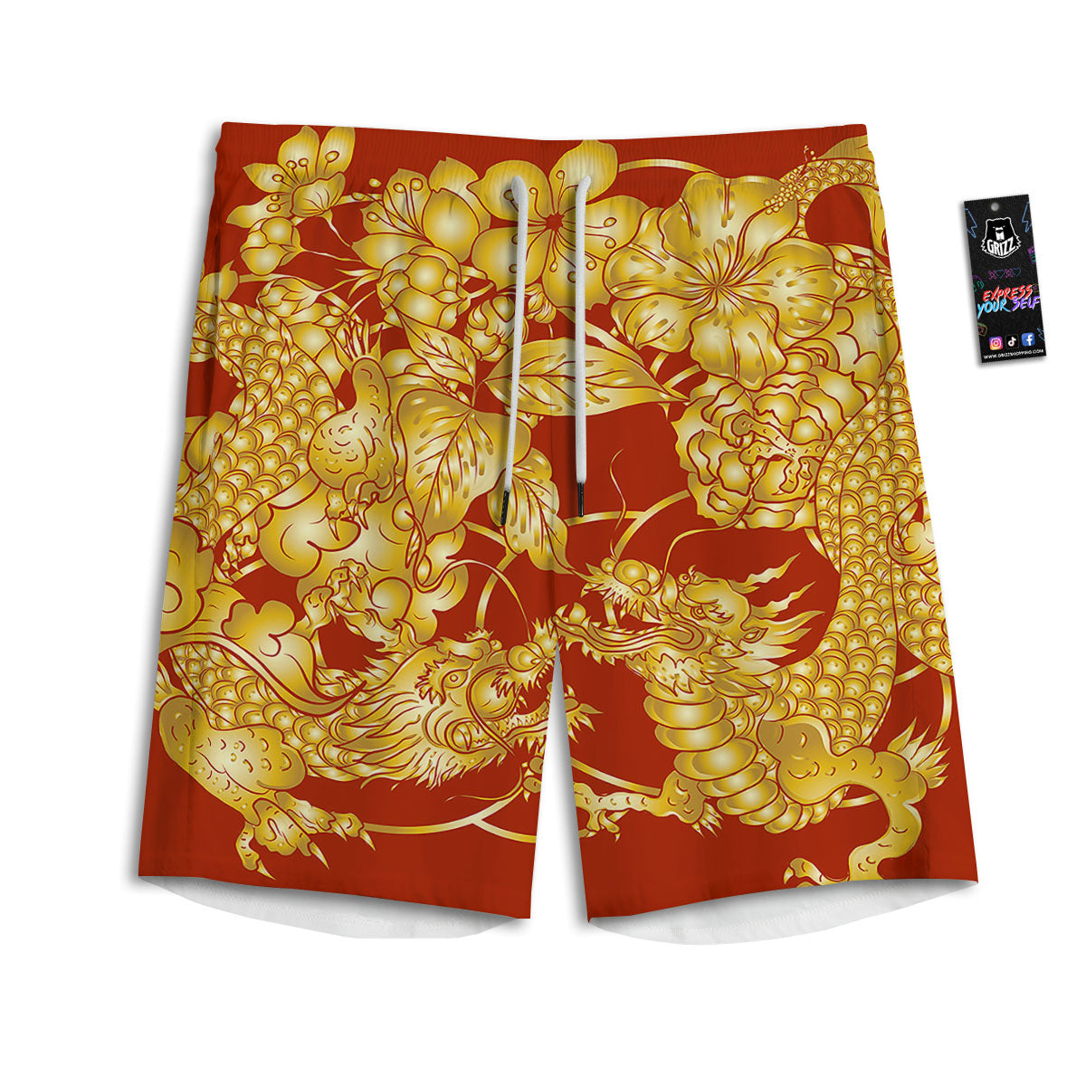 Japanese Dragon Orange Print Men's Athletic Shorts