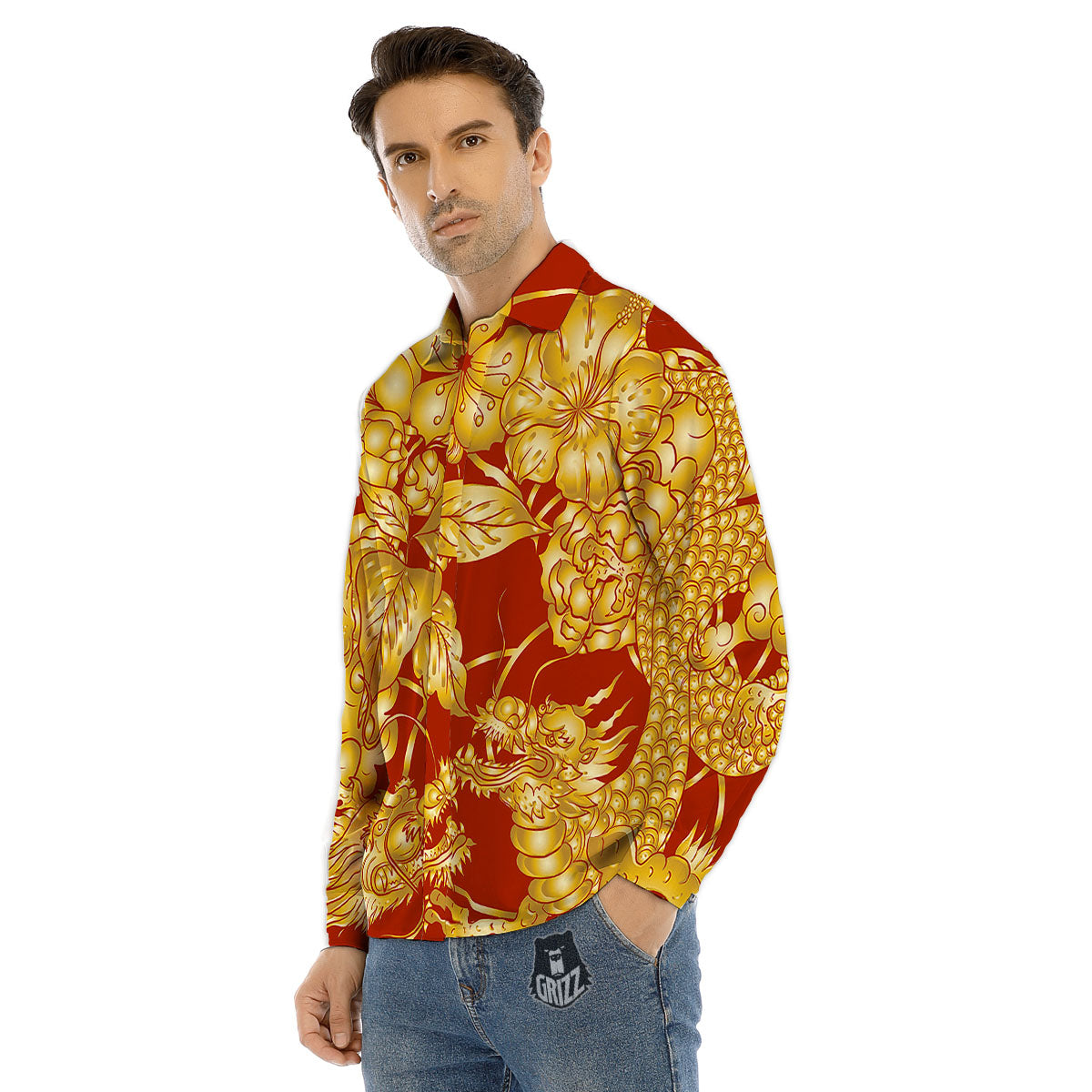 Japanese Dragon Orange Print Men's Dress Shirts-grizzshop