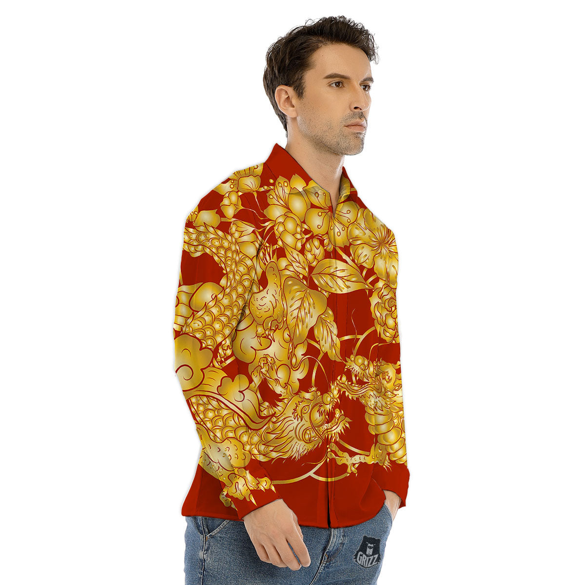 Japanese Dragon Orange Print Men's Dress Shirts-grizzshop
