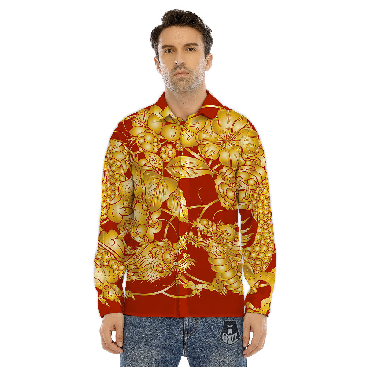 Japanese Dragon Orange Print Men's Dress Shirts-grizzshop
