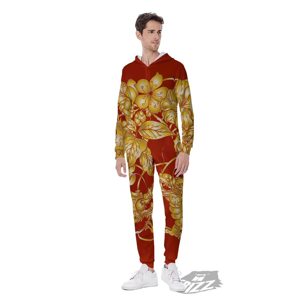 Japanese Dragon Orange Print Men's Jumpsuit-grizzshop