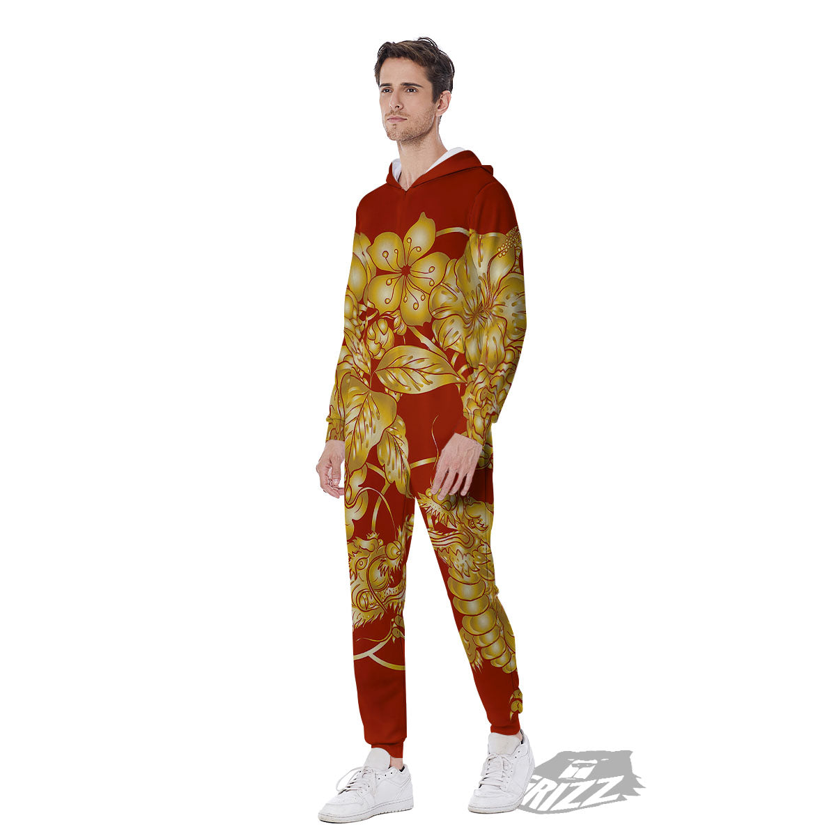 Japanese Dragon Orange Print Men's Jumpsuit-grizzshop