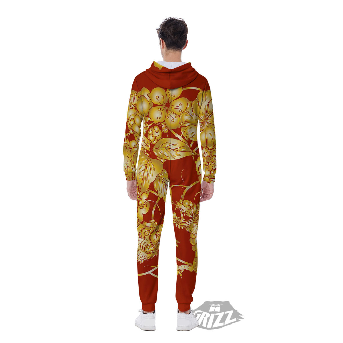 Japanese Dragon Orange Print Men's Jumpsuit-grizzshop