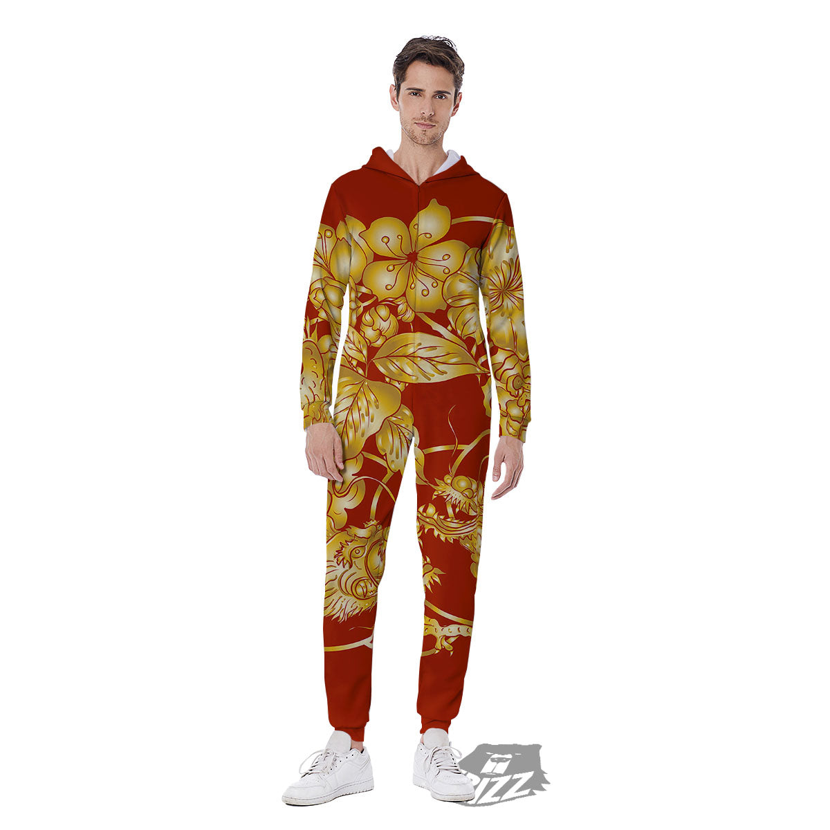Japanese Dragon Orange Print Men's Jumpsuit-grizzshop